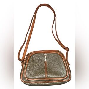 EUC Valentina Triple Compartment Crossbody Bag Taupe Leather Olive Gold Hardware